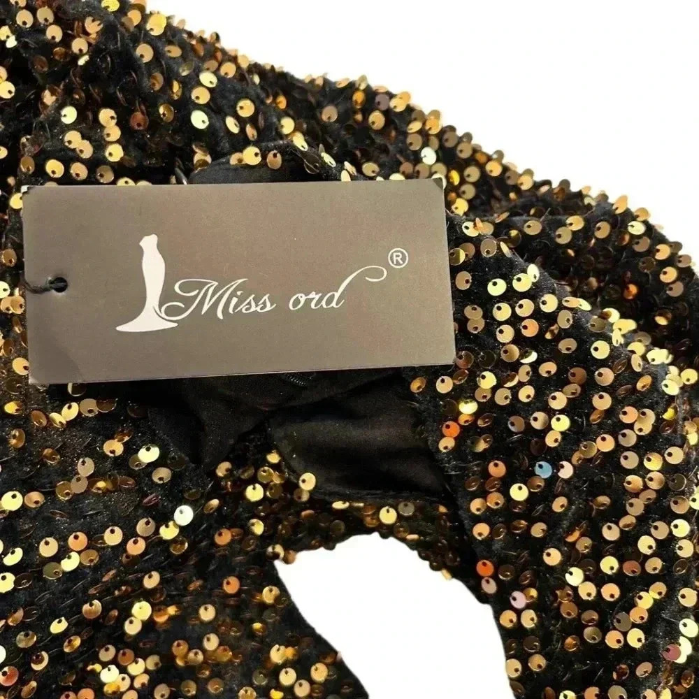 Brand New Miss Ord one shoulder cut out black and Gold sequin Dress Size M - Picture 8 of 16